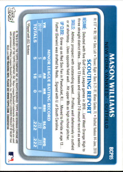 2011 Bowman Chrome Prospects #BCP85 Mason Williams back image