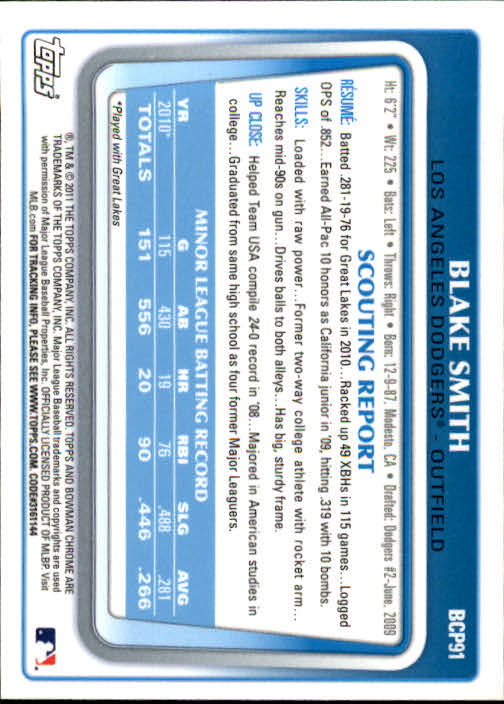 2011 Bowman Chrome Prospects #BCP91 Blake Smith back image