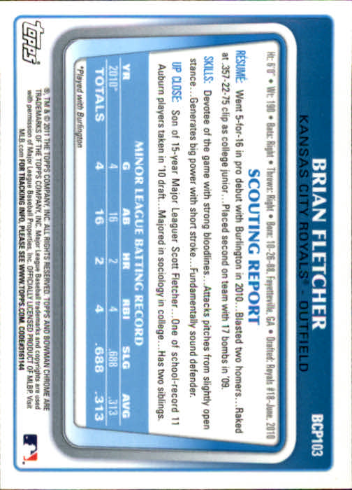 2011 Bowman Chrome Prospects #BCP103 Brian Fletcher back image