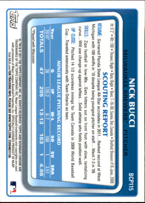 2011 Bowman Chrome Prospects #BCP115 Nick Bucci back image