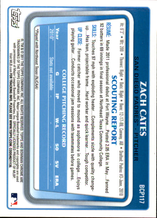 2011 Bowman Chrome Prospects #BCP117 Zach Cates back image