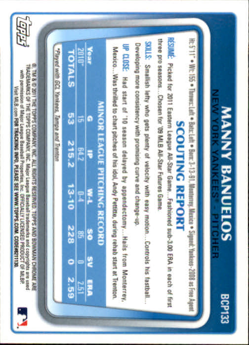 2011 Bowman Chrome Prospects #BCP133 Manny Banuelos back image