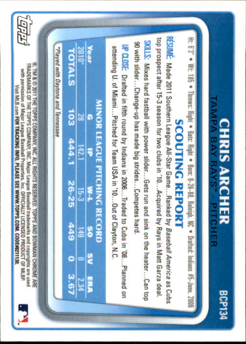 2011 Bowman Chrome Prospects #BCP134 Chris Archer back image