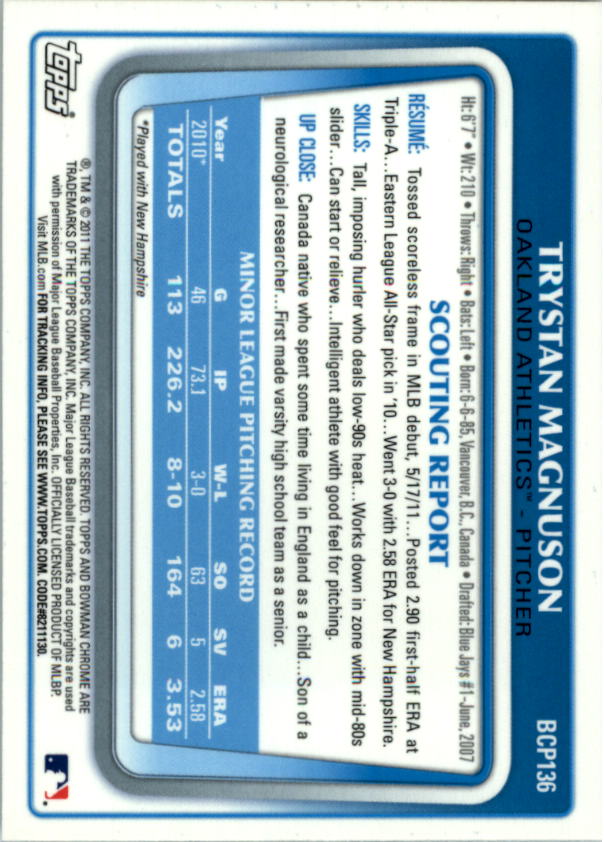 2011 Bowman Chrome Prospects #BCP136 Trystan Magnuson back image