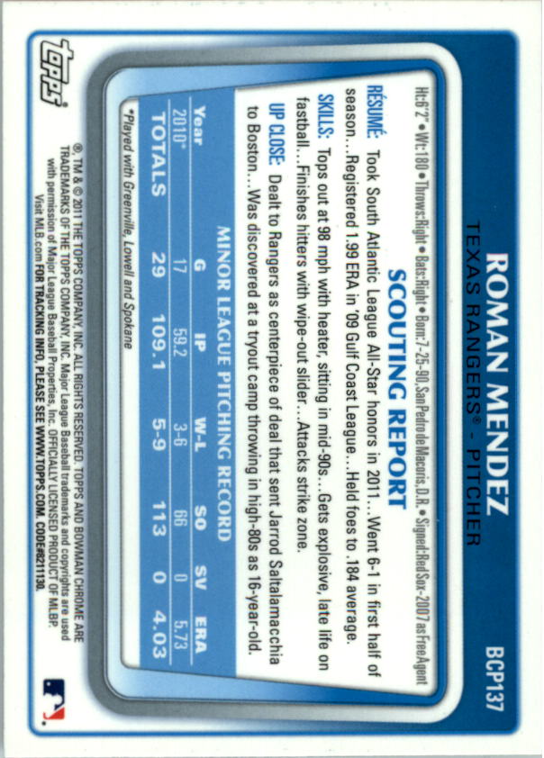 2011 Bowman Chrome Prospects #BCP137 Roman Mendez back image