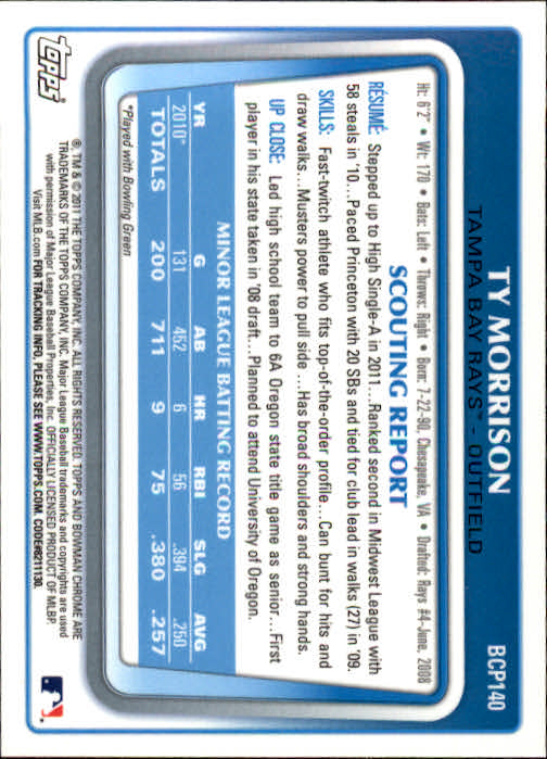 2011 Bowman Chrome Prospects #BCP140 Ty Morrison back image