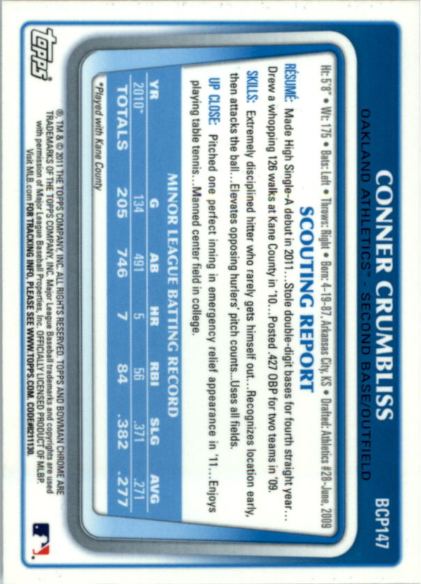 2011 Bowman Chrome Prospects #BCP147 Conner Crumbliss back image