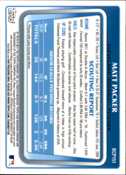 2011 Bowman Chrome Prospects #BCP151 Matt Packer back image