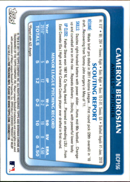 2011 Bowman Chrome Prospects #BCP156 Cameron Bedrosian back image
