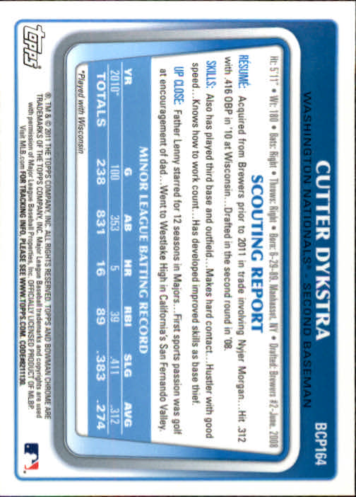 2011 Bowman Chrome Prospects #BCP164 Cutter Dykstra back image