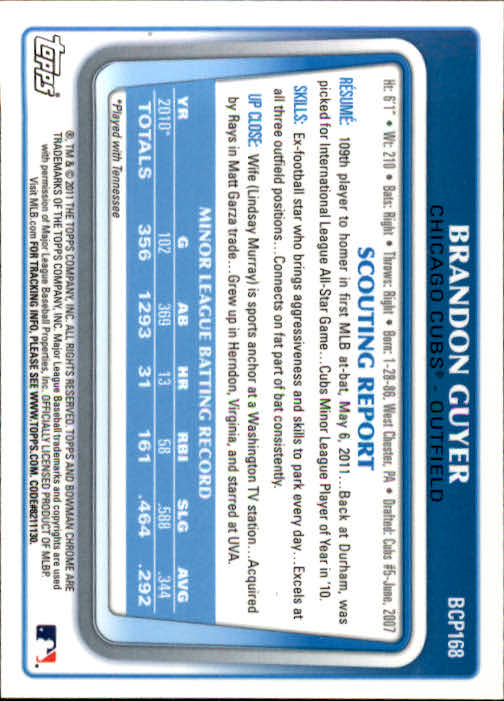 2011 Bowman Chrome Prospects #BCP168 Brandon Guyer back image