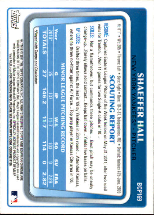 2011 Bowman Chrome Prospects #BCP169 Shaeffer Hall back image
