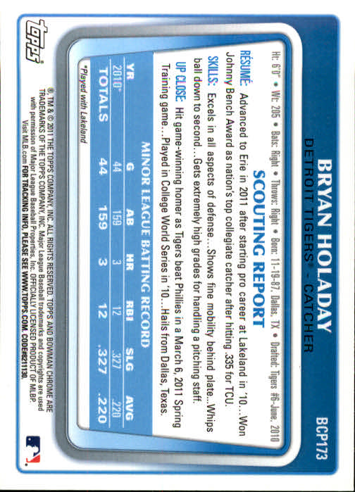 2011 Bowman Chrome Prospects #BCP173 Bryan Holaday back image