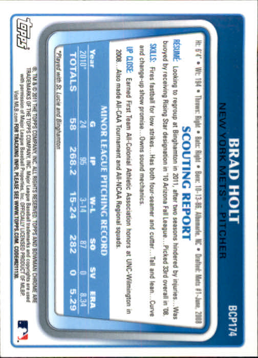 2011 Bowman Chrome Prospects #BCP174 Brad Holt back image
