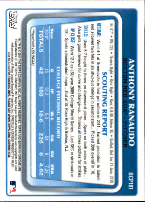 2011 Bowman Chrome Prospects #BCP181 Anthony Ranaudo back image