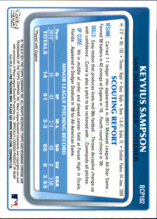 2011 Bowman Chrome Prospects #BCP182 Keyvius Sampson back image