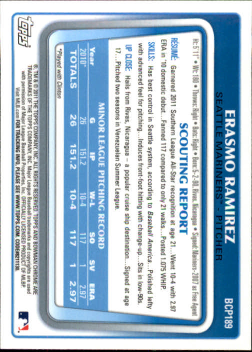 2011 Bowman Chrome Prospects #BCP189 Erasmo Ramirez back image