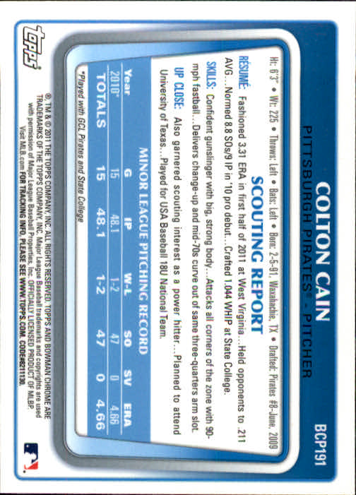 2011 Bowman Chrome Prospects #BCP191 Colton Cain back image