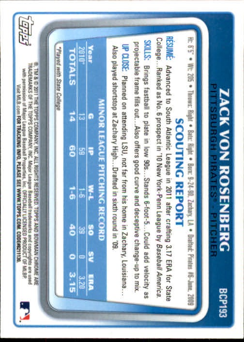 2011 Bowman Chrome Prospects #BCP193 Zack Von Rosenberg back image