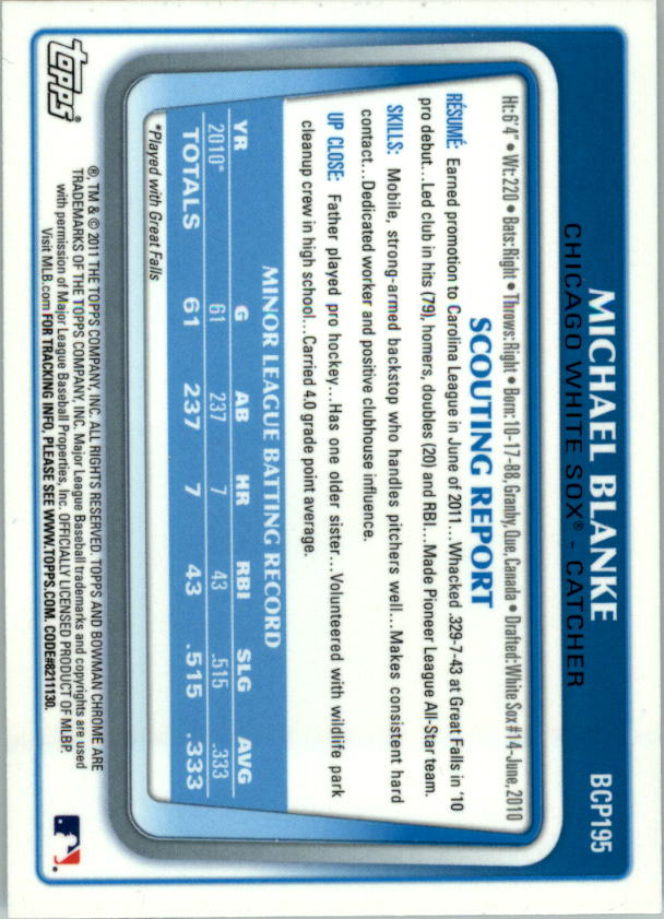 2011 Bowman Chrome Prospects #BCP195 Michael Blanke back image