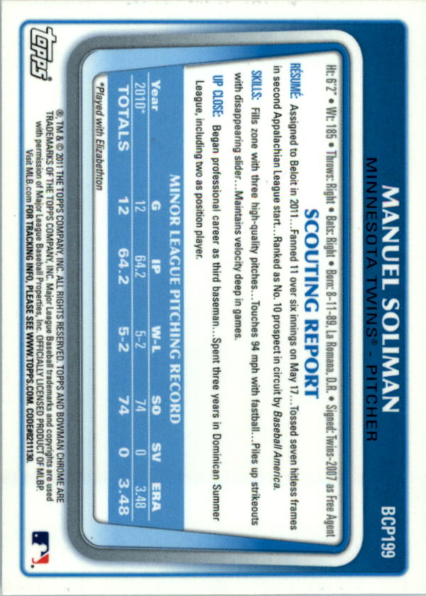 2011 Bowman Chrome Prospects #BCP199 Manuel Soliman back image