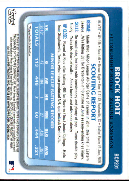 2011 Bowman Chrome Prospects #BCP201 Brock Holt back image