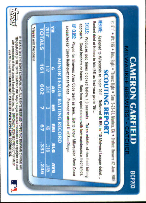 2011 Bowman Chrome Prospects #BCP203 Cameron Garfield back image