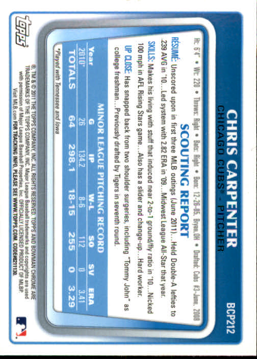 2011 Bowman Chrome Prospects #BCP212 Chris Carpenter back image