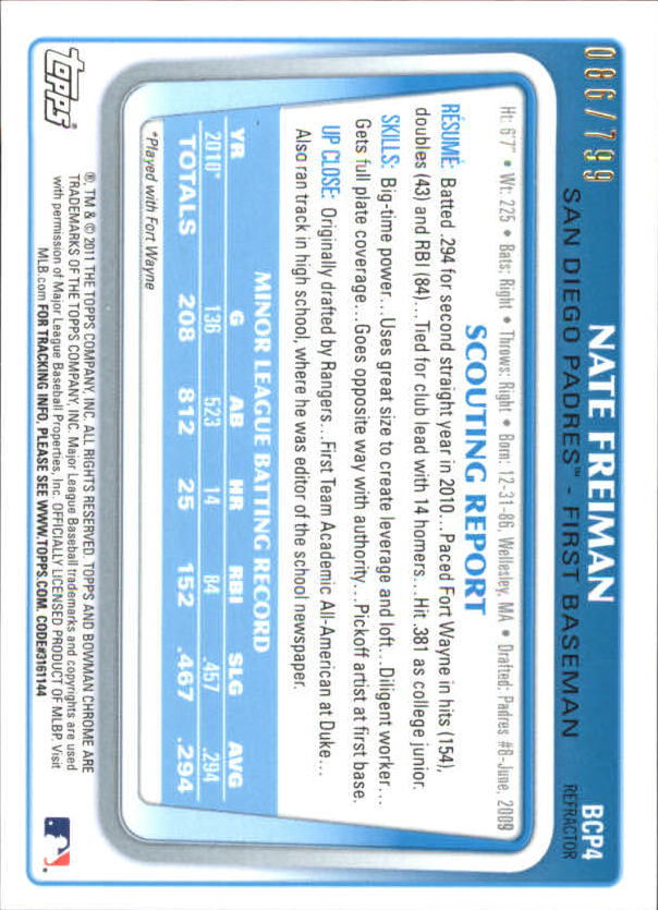 2011 Bowman Chrome Prospects Refractors #BCP4 Nate Freiman back image