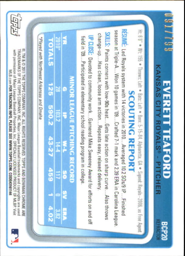 2011 Bowman Chrome Prospects Refractors #BCP20 Everett Teaford back image