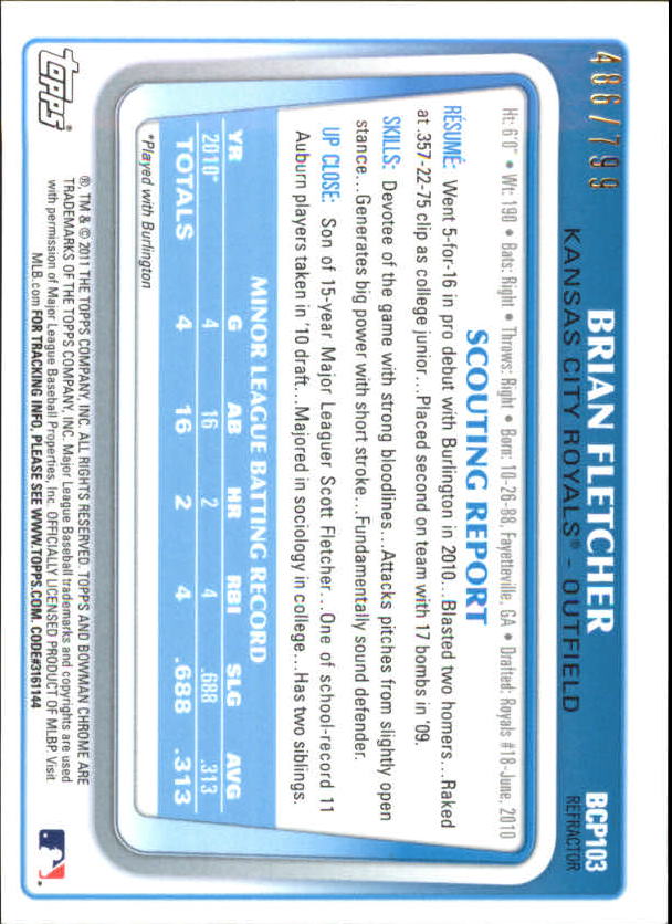 2011 Bowman Chrome Prospects Refractors #BCP103 Brian Fletcher back image