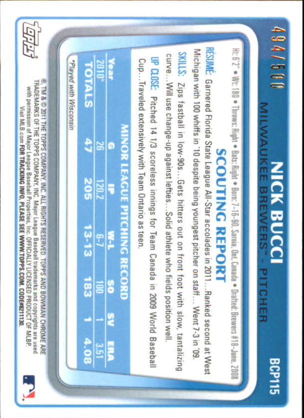 2011 Bowman Chrome Prospects Refractors #BCP115 Nick Bucci back image