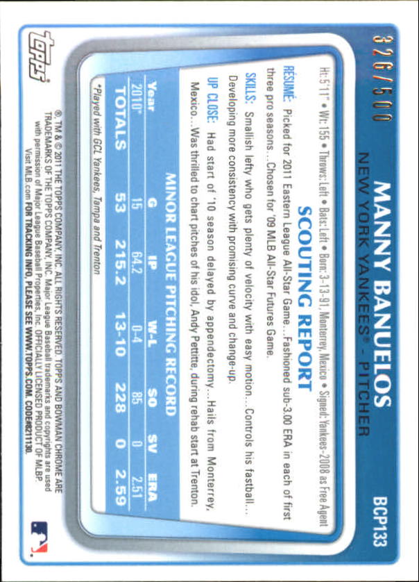 2011 Bowman Chrome Prospects Refractors #BCP133 Manny Banuelos back image
