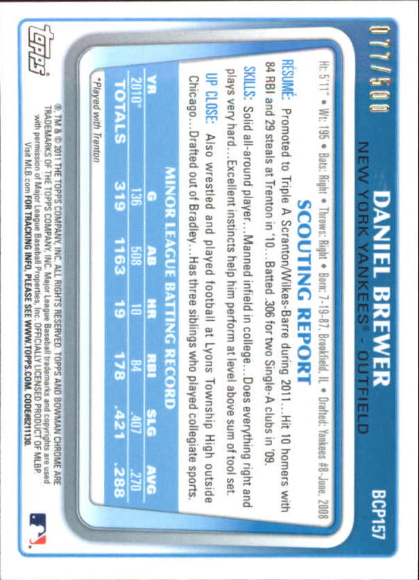 2011 Bowman Chrome Prospects Refractors #BCP157 Daniel Brewer back image