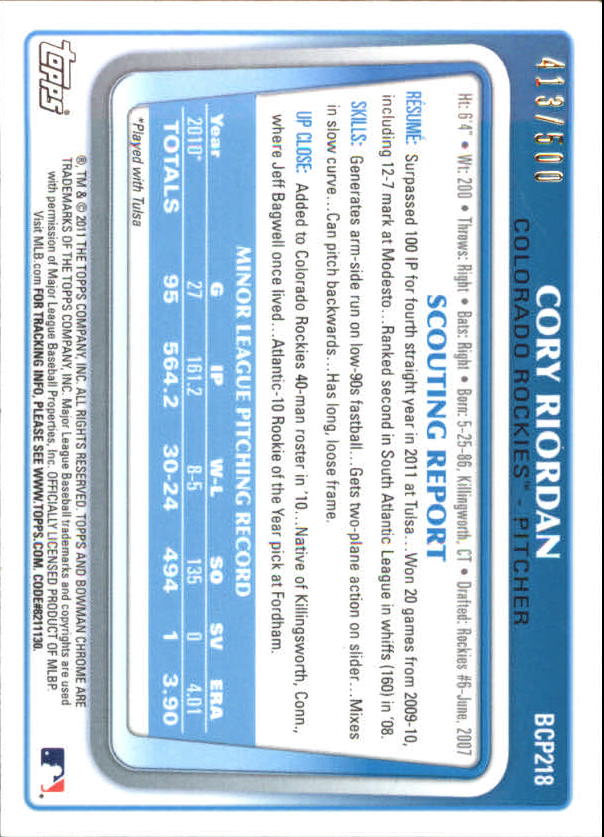 2011 Bowman Chrome Prospects Refractors #BCP218 Cory Riordan back image