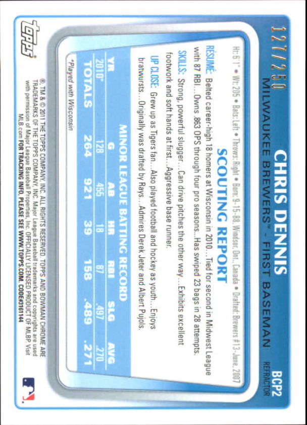 2011 Bowman Chrome Prospects Blue Refractors #BCP2 Chris Dennis back image