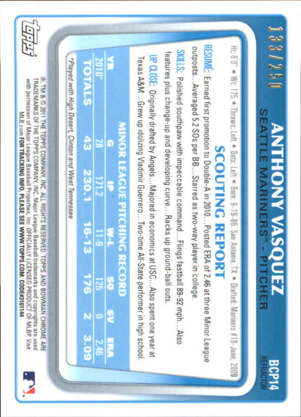 2011 Bowman Chrome Prospects Blue Refractors #BCP14 Anthony Vasquez back image