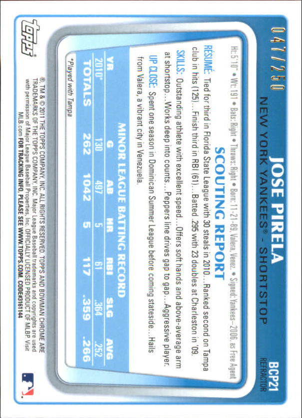 2011 Bowman Chrome Prospects Blue Refractors #BCP21 Jose Pirela back image