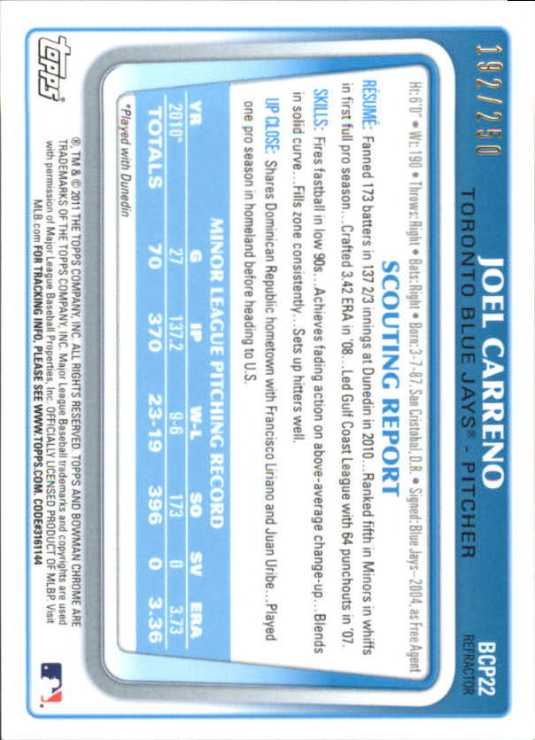 2011 Bowman Chrome Prospects Blue Refractors #BCP22 Joel Carreno back image