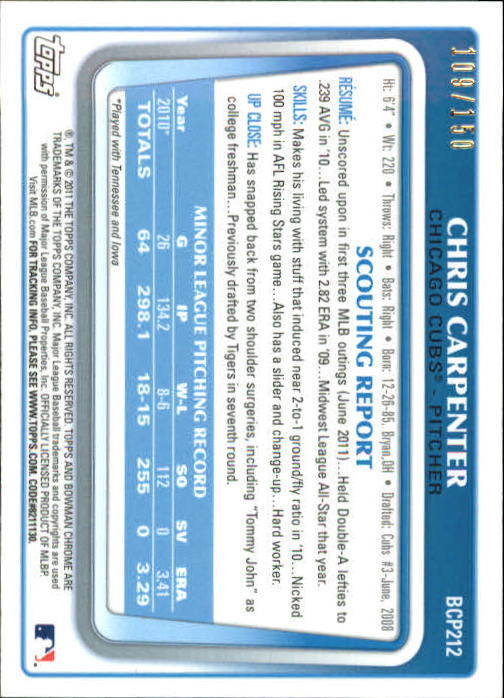 2011 Bowman Chrome Prospects Blue Refractors #BCP212 Chris Carpenter back image
