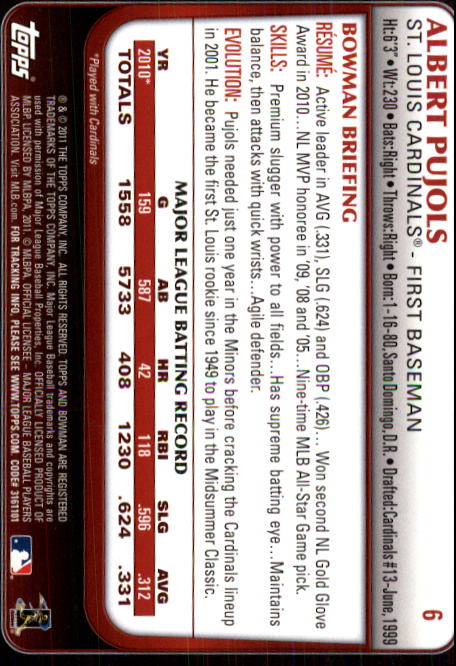 2011 Bowman #6 Albert Pujols back image