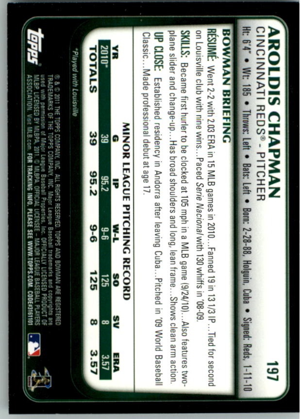 2011 Bowman #197 Aroldis Chapman RC back image