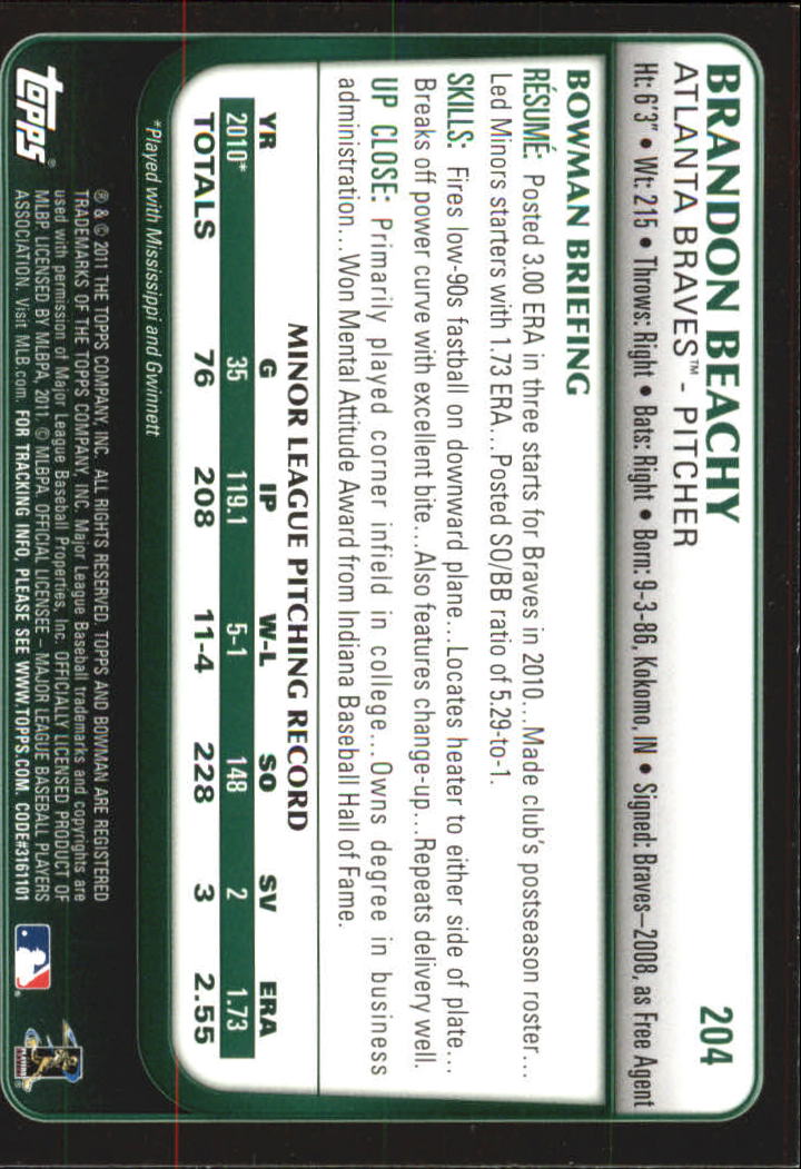 2011 Bowman Gold #204 Brandon Beachy back image