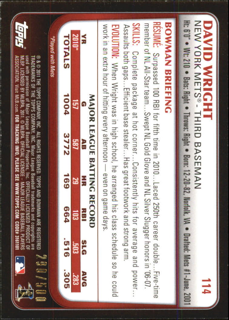 2011 Bowman Blue #114 David Wright back image