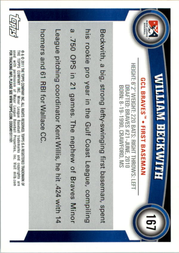 2011 Topps Pro Debut #167 William Beckwith back image