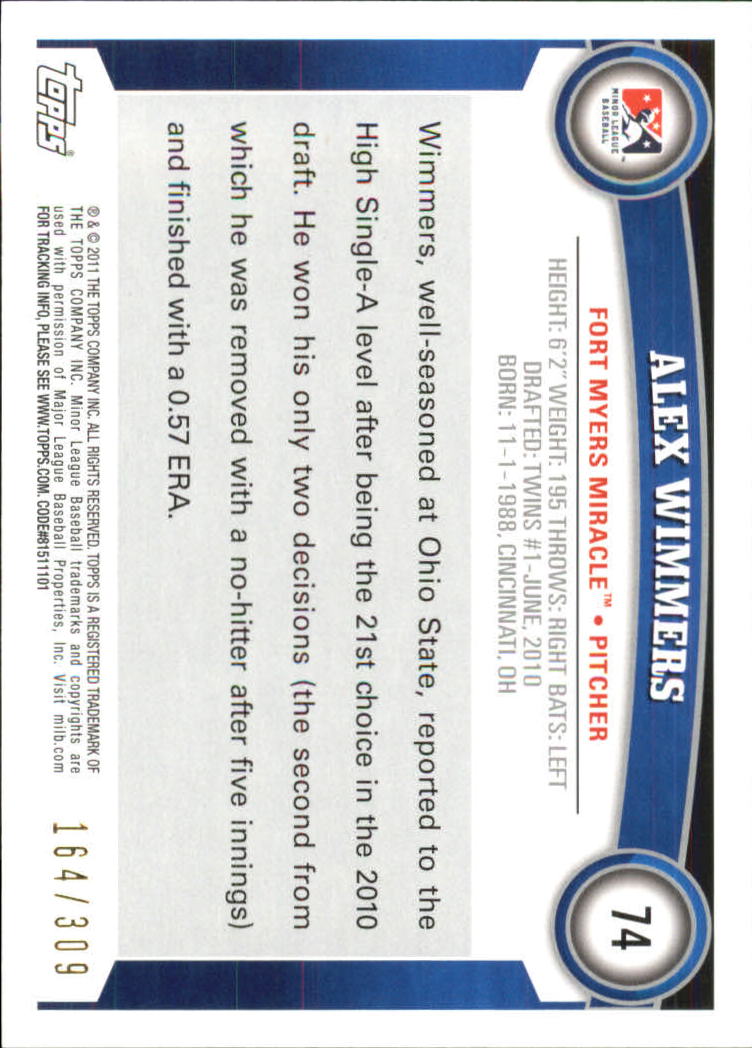 2011 Topps Pro Debut Blue #74 Alex Wimmers back image