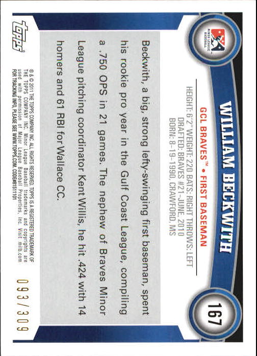 2011 Topps Pro Debut Blue #167 William Beckwith back image