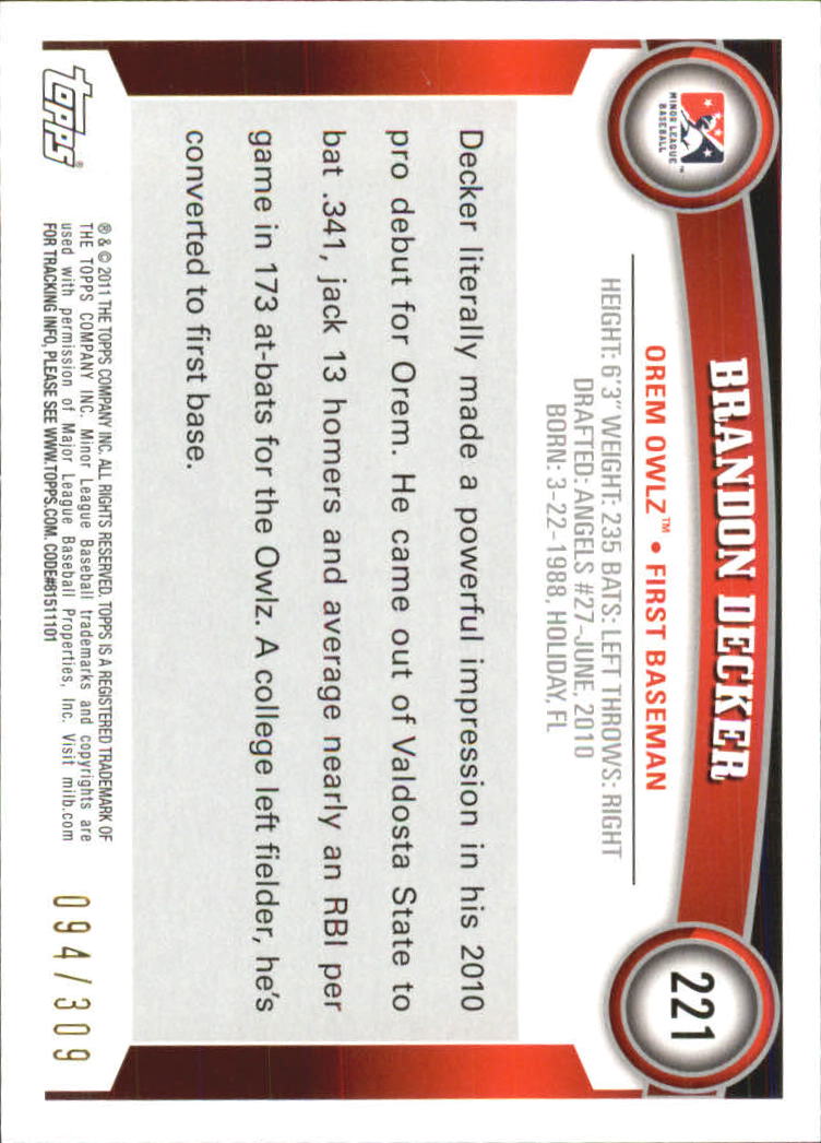 2011 Topps Pro Debut Blue #221 Brandon Decker back image