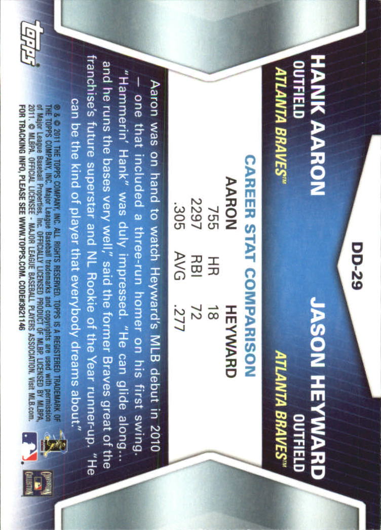 2011 Topps Diamond Duos Series 2 #DD29 Hank Aaron/Jason Heyward back image