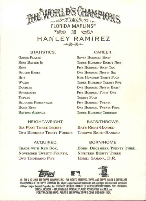 2011 Topps Allen and Ginter #30 Hanley Ramirez back image